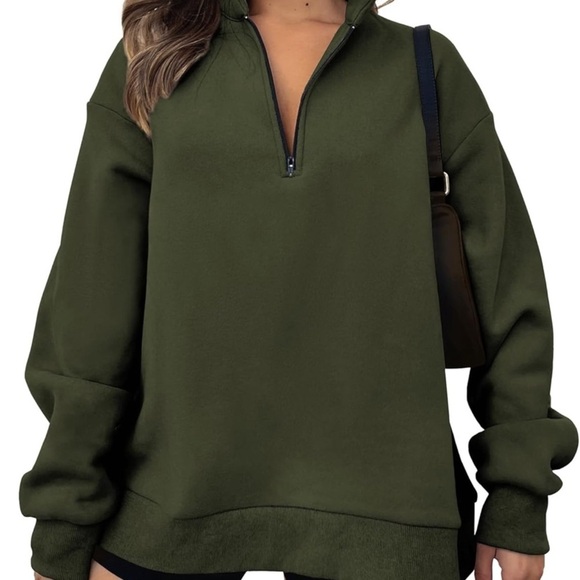 btfbm Tops - Women's Quarter Zip Sweatshirt Collared Oversized Casual Long Sleeve Pullover